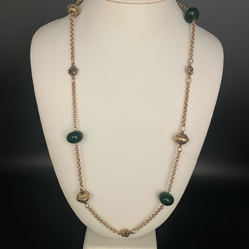 Rare Chanel Depose Signed Necklace Green Glass Beads Gold Ornate Beads Vintage